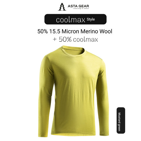 ASTA GEAR Men's 15.5 Micron Merino Wool Long-Sleeve T-Shirt, 200g Lightweight Quick-Dry Top for Outdoor Hiking & Running