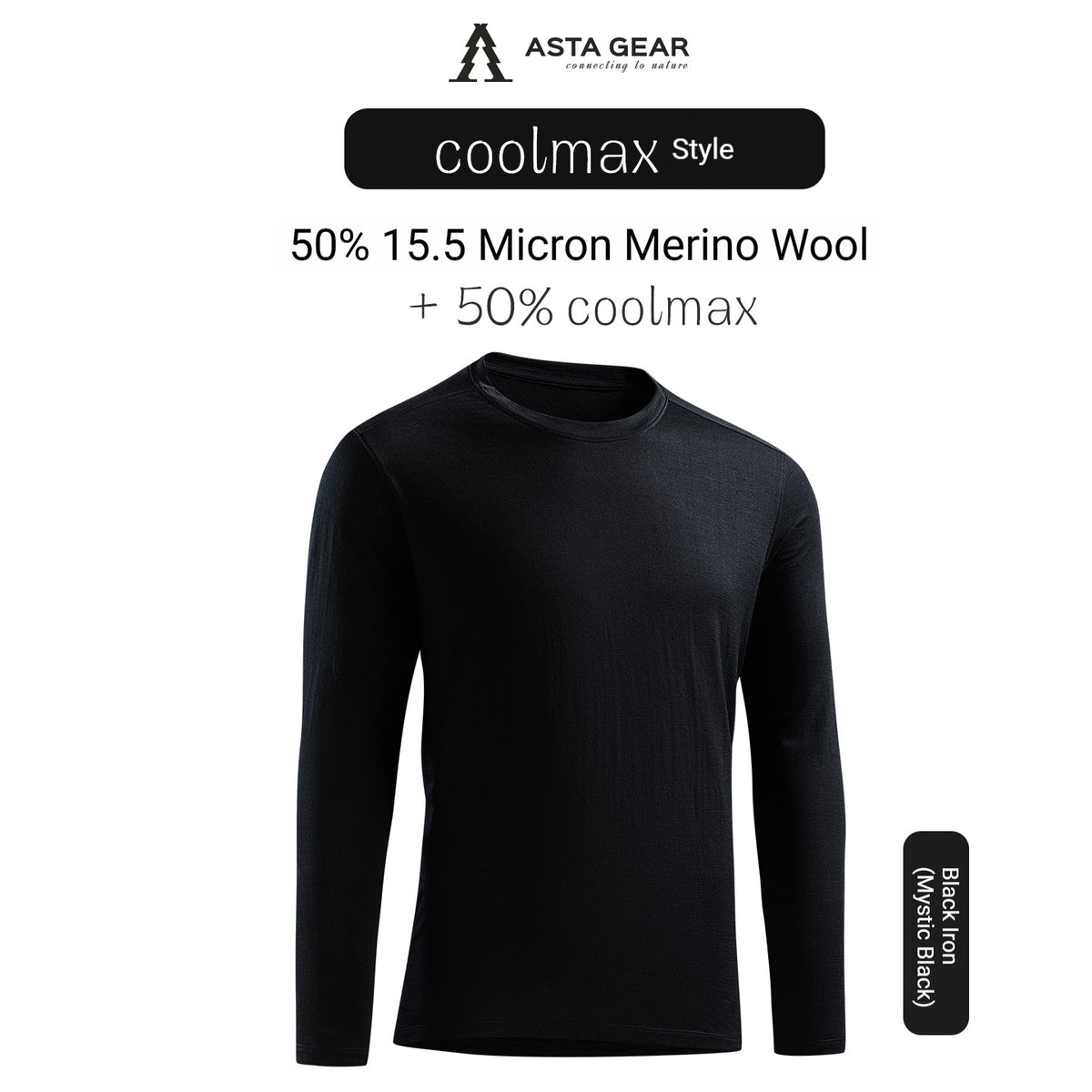 ASTA GEAR Men's 15.5 Micron Merino Wool Long-Sleeve T-Shirt, 200g Lightweight Quick-Dry Top for Outdoor Hiking & Running