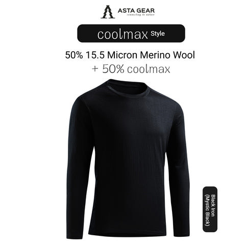ASTA GEAR Men's 15.5 Micron Merino Wool Long-Sleeve T-Shirt, 200g Lightweight Quick-Dry Top for Outdoor Hiking & Running